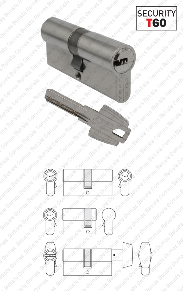 Cilindro seguran�a perfil europeu T60 - Chave / Chave; Chave / Cego; Bot�o / Chave - TESA