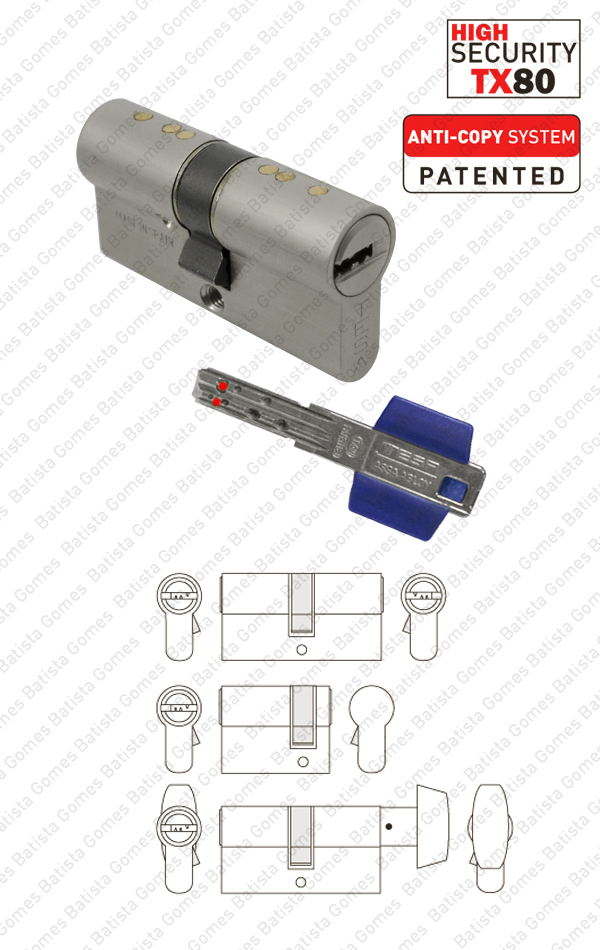 Batista Gomes - CIL.TX85 - Cilindro alta seguran�a perfil europeu TX80 - Chave / Chave; Chave / Cego; Bot�o / Chave - TESA