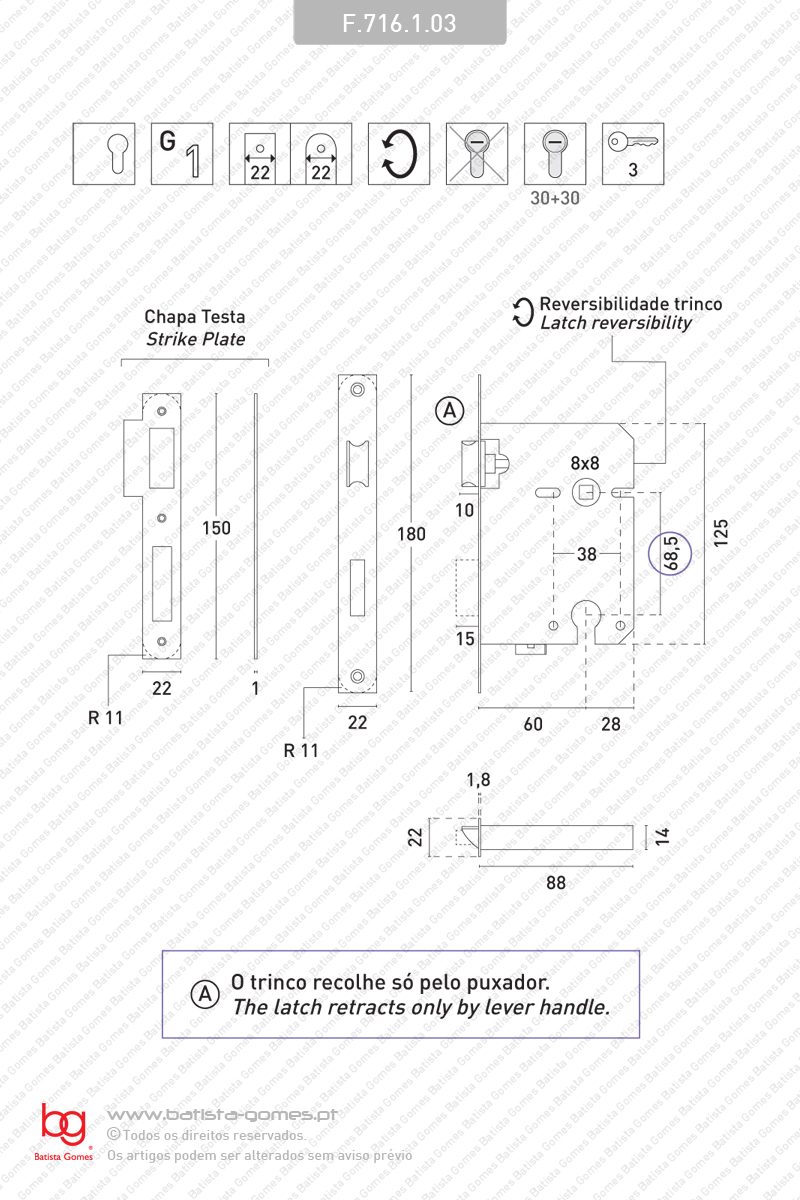 Fechadura embutir para cilindro europeu  ( S�rie 716 ) - INOX / LAT�O