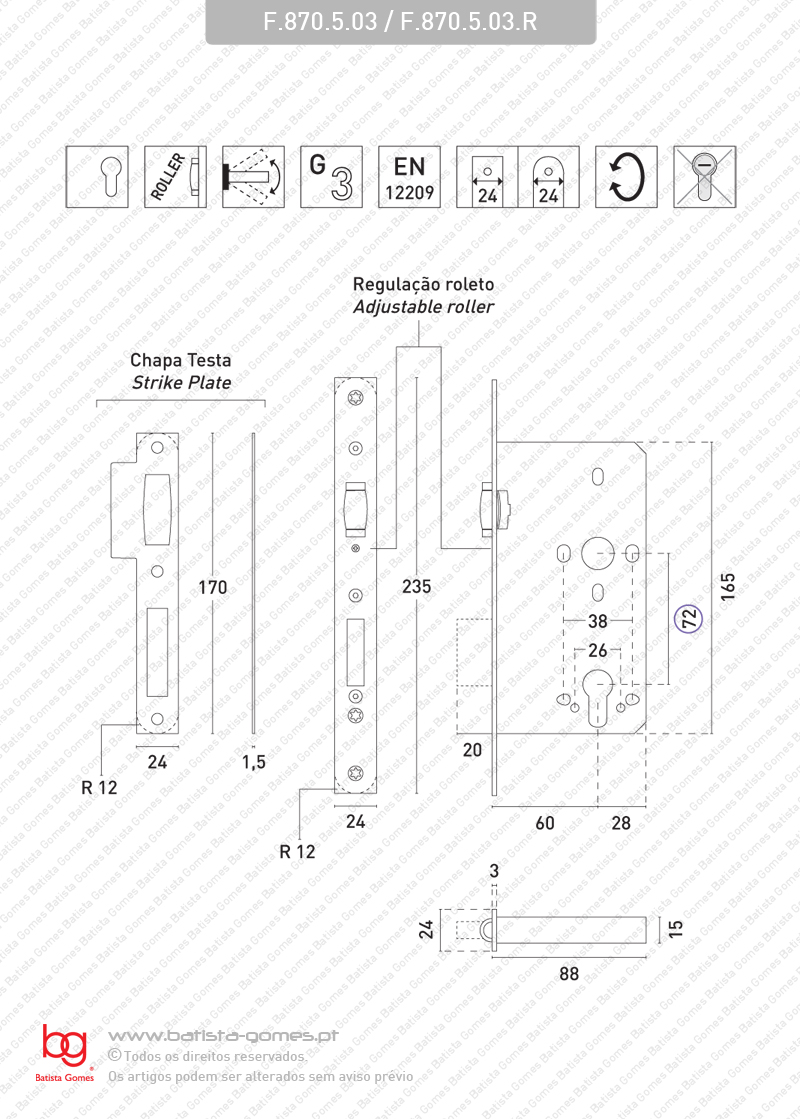 Fechadura embutir para cilindro europeu ( S�rie 870 ) - INOX