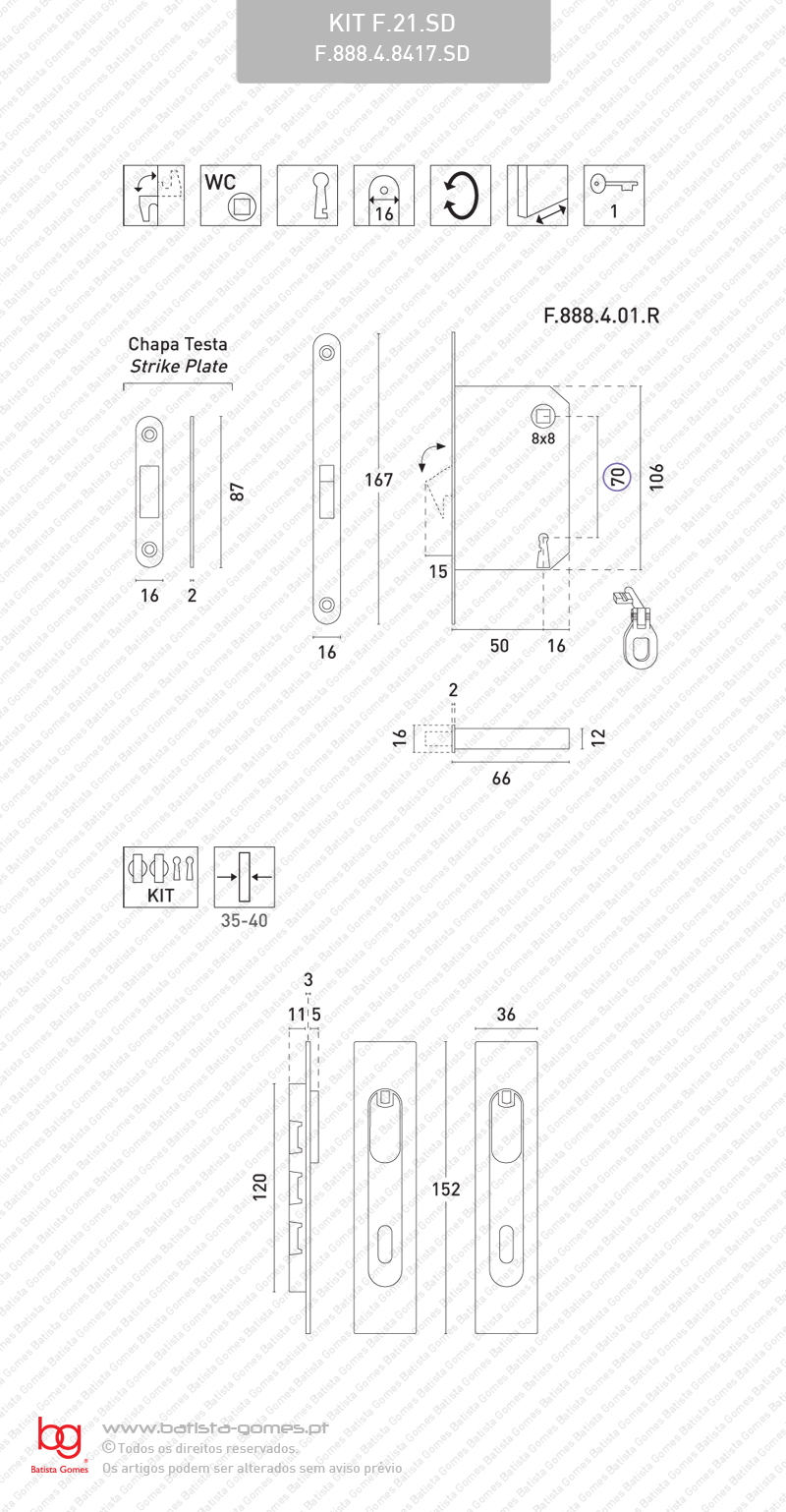 Kit Fechadura com conchas rectangulares com Bot�o + Bot�o e chave