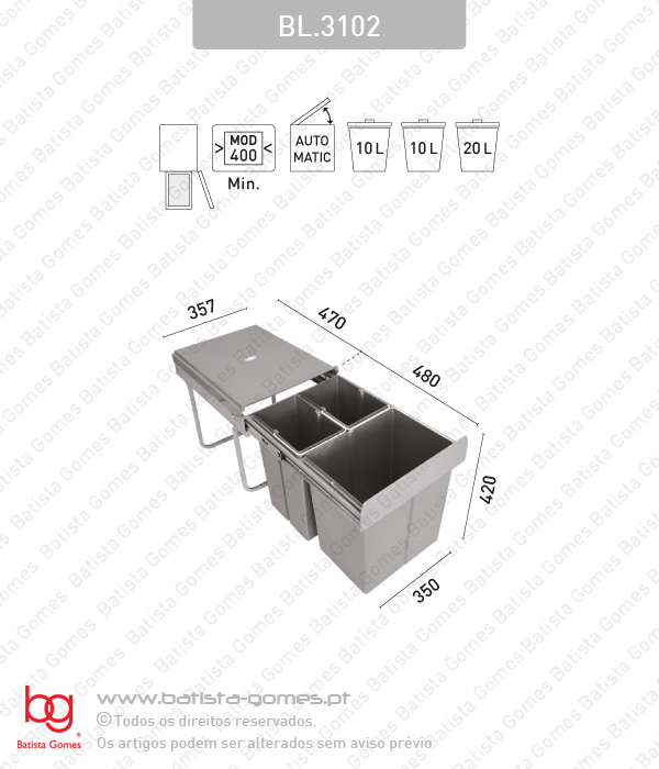 Balde para lixo extra�vel - Porta lateral - M�d. 400 - Autom�tico - 40L