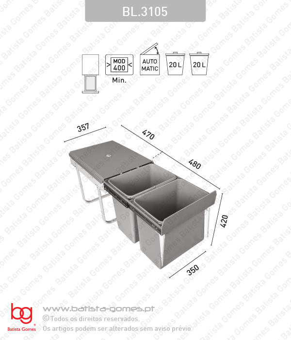 Balde para lixo extra�vel - Porta frontal - M�d. 400 - Autom�tico - 40L