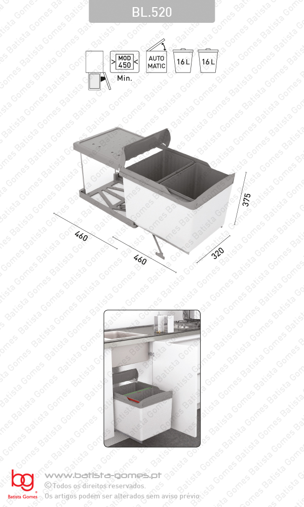 Balde para lixo extra�vel - Porta lateral - M�d. 450 - Autom�tico - 32L