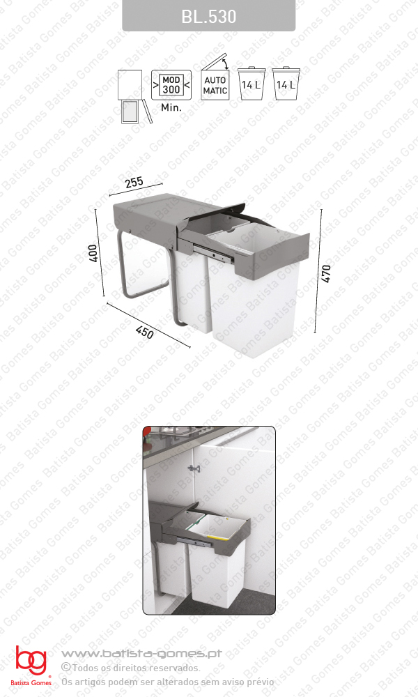 Balde para lixo extra�vel - Porta lateral - M�d. 300 - Autom�tico - 28L