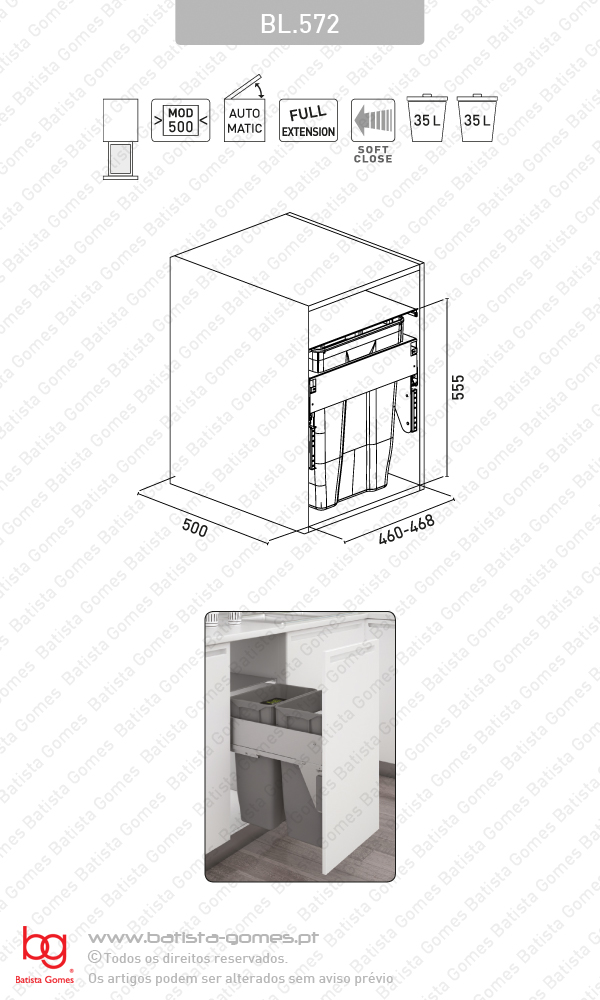 Balde para lixo extra�vel - Porta frontal - M�d. 500 - Autom�tico - Com Soft-close - 70L
