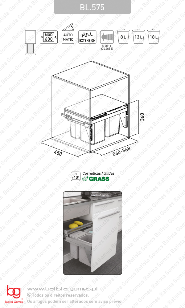 Balde para lixo extra�vel - Porta frontal - M�d. 600 - Autom�tico - Com Soft-close - 39L