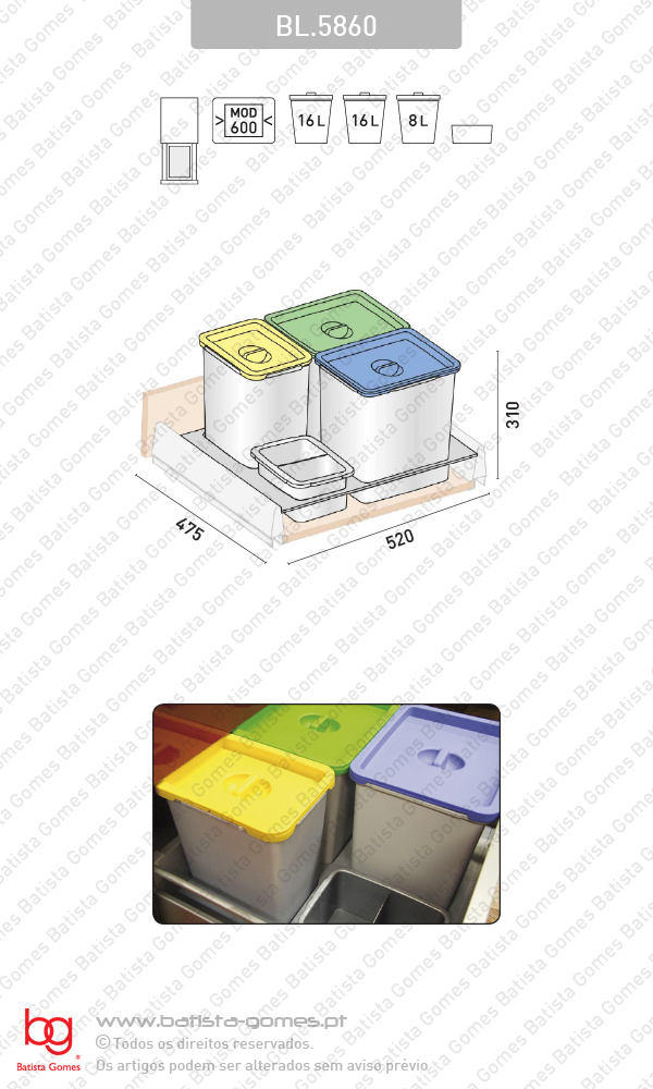 Sistema de baldes para lixo - Para gavet�es - M�d. 600 - 40L