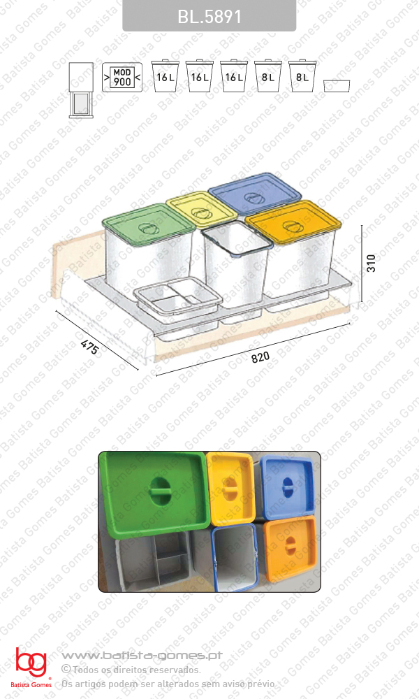 Sistema de baldes para lixo - Para gavet�es - M�d. 900 - 64L
