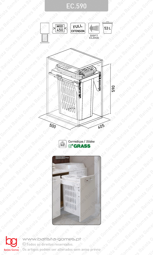 Cesto para lavandaria extra�vel - Porta frontal - M�d. 450 - Com Soft-close - 53L