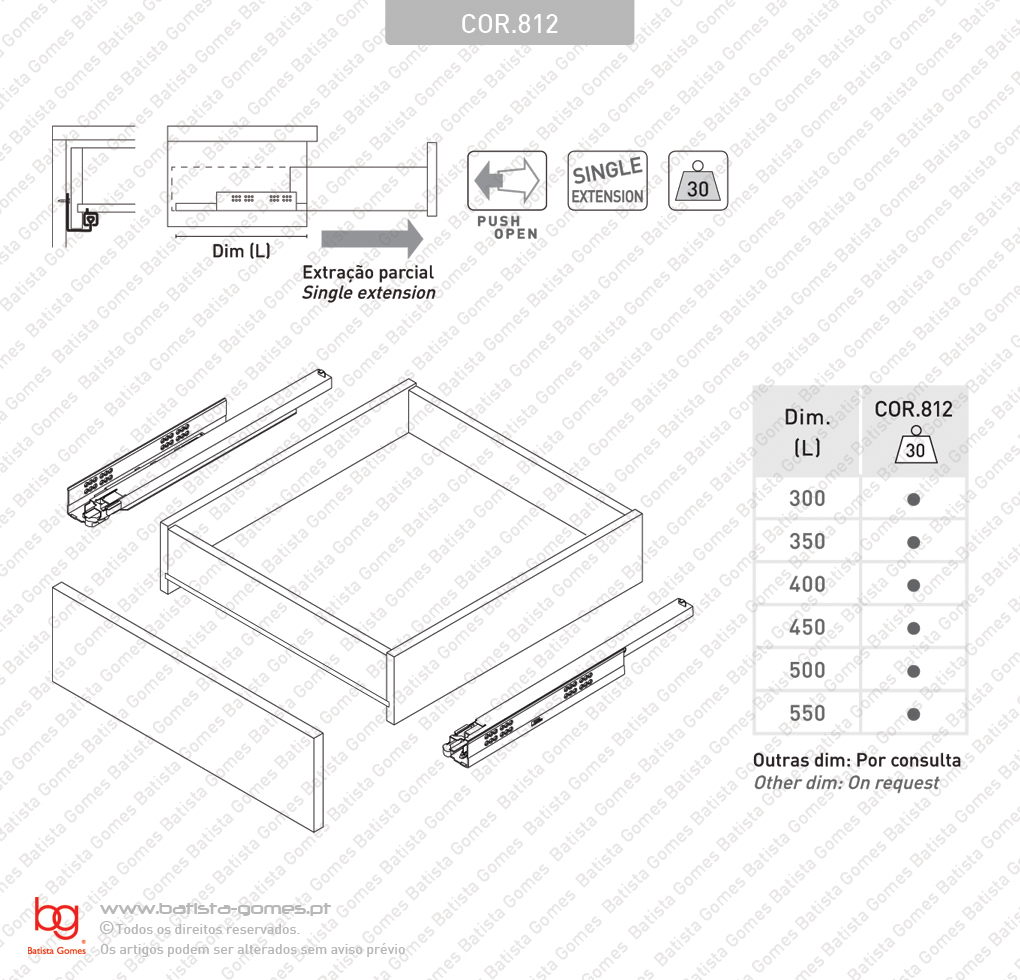 Corredi�as ocultas com sistema Push Open para gavetas / Extra��o parcial / 30Kg