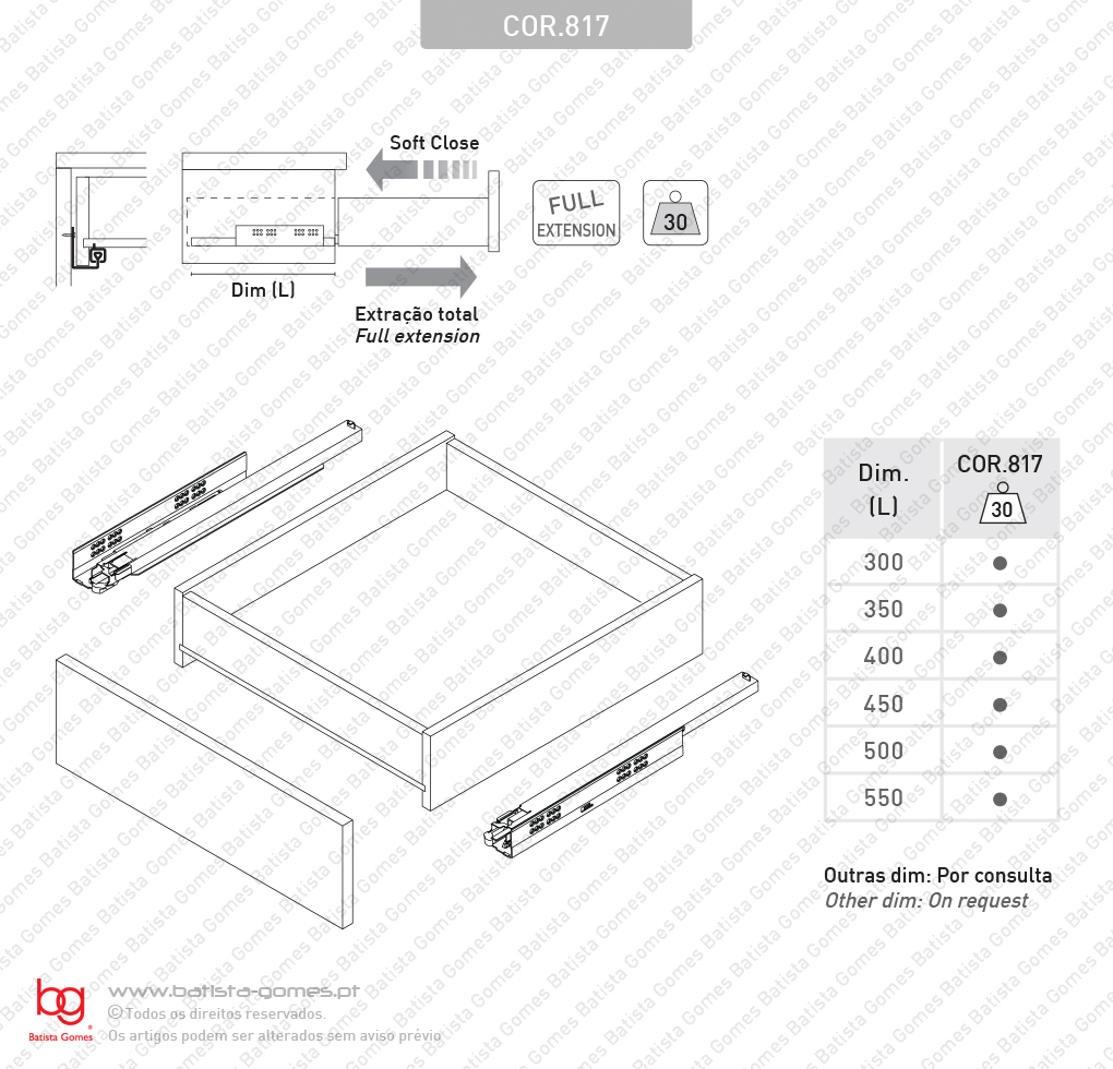 Corredi�as ocultas com Soft-Close para gavetas / Extra��o total / 30Kg