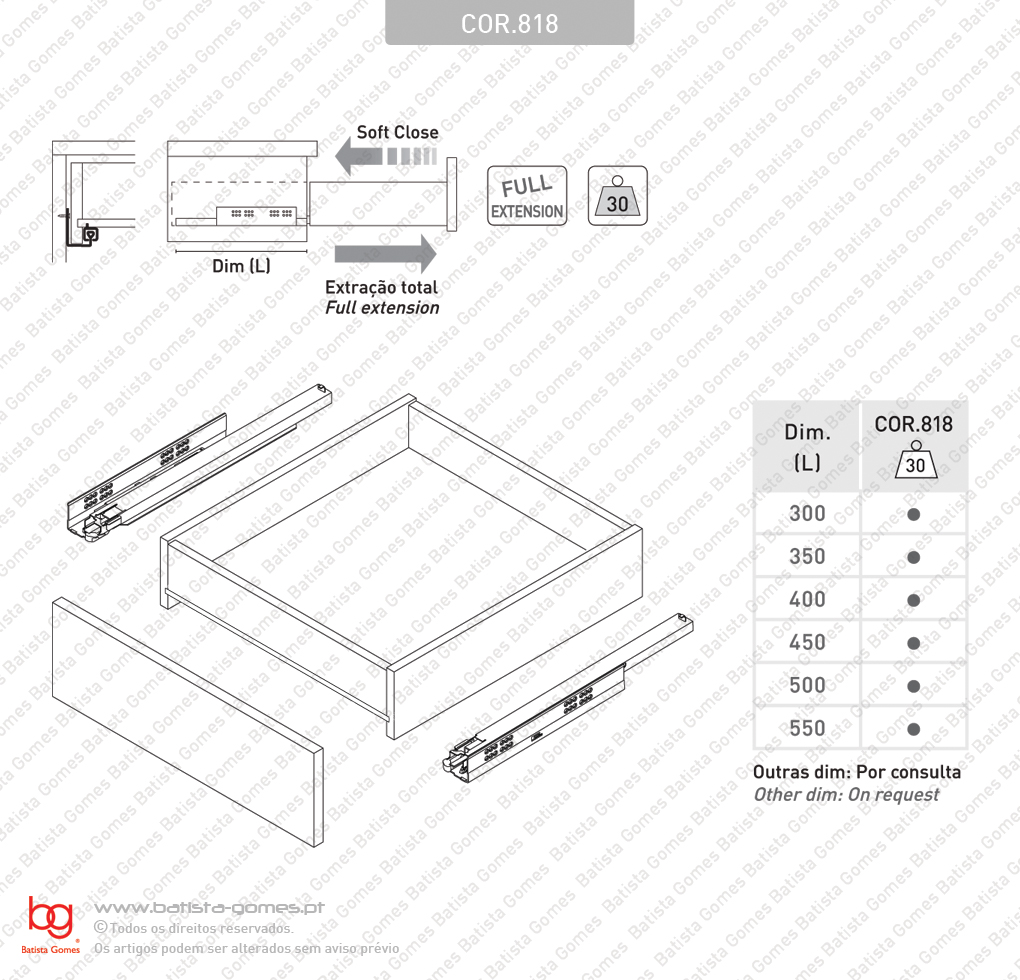 Corredi�as ocultas com Soft-Close para gavetas / Extra��o total / 30Kg