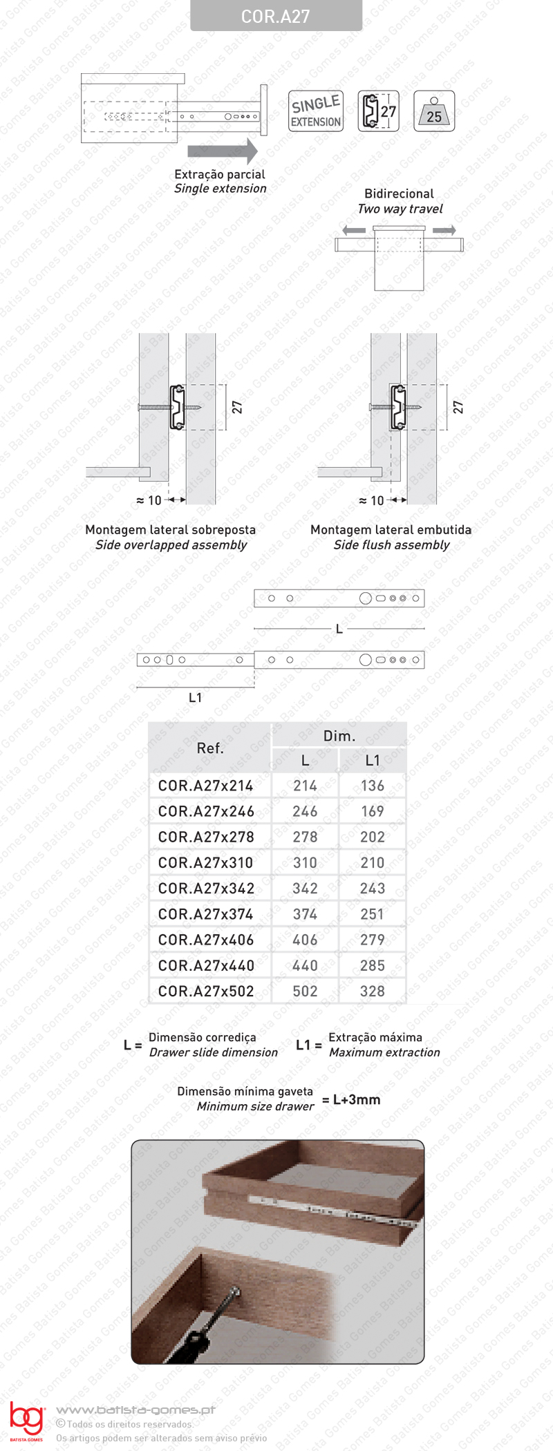 Corredi�as com esferas A27 para gavetas / Extra��o parcial / 25Kg (par)