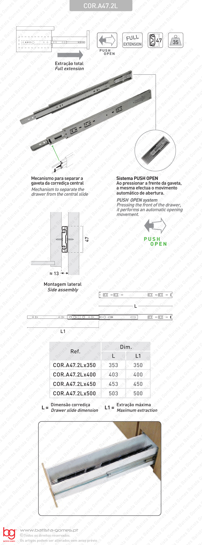 Corredi�as com esferas + Sistema Push Open / Progressiva - 2 Lan�os / Extra��o total / 35Kg (par)