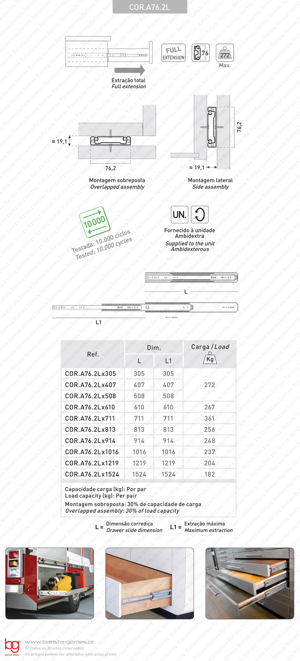 Corredi�a com esferas A76 progressiva - 2 Lan�os / Extra��o total at� 1524mm / Para cargas pesadas at� 272kg