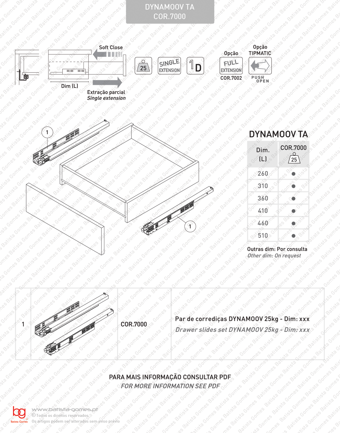 Corredi�as ocultas com Soft-Close para gavetas / Extra��o parcial / 25kg