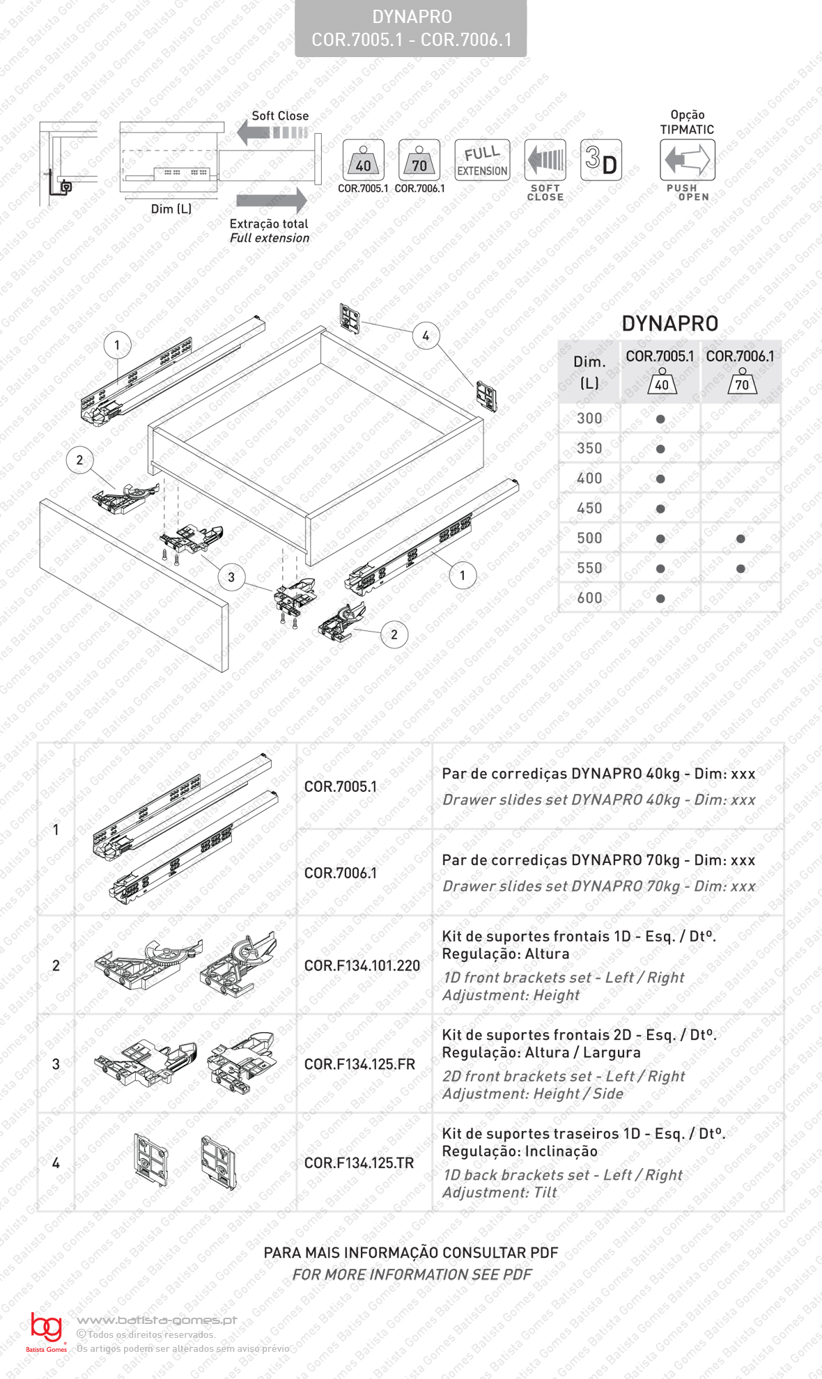 Corredi�as ocultas com Soft-Close para gavetas / Extra��o total / 40 e 70kg