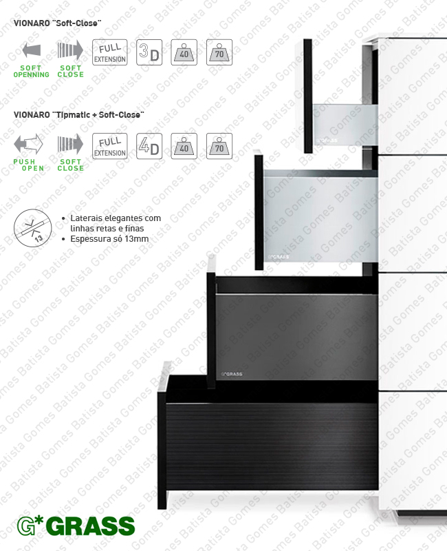 Batista Gomes - VIONARO - GRASS - Sistema de laterais VIONARO com corredi�as DYNAPRO-TMSC Soft-Close para gavetas e gavet�es / Extra��o total / 40 e 70kg