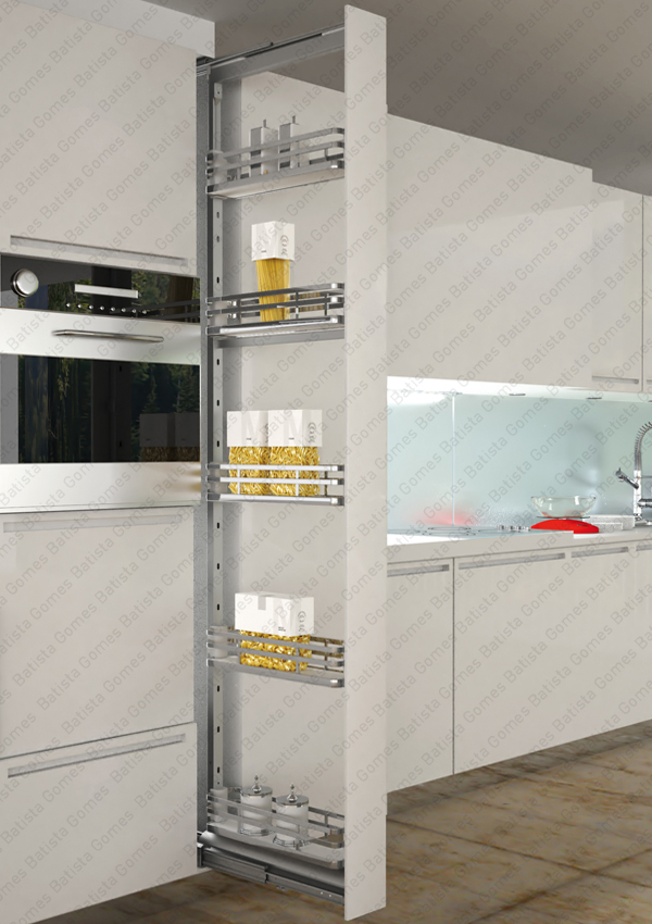 Despenseiro estreito multiusos com 5 cestos para aplica��o porta frontal - Extrac��o total com Soft-close - M�d. 200 - Cromado