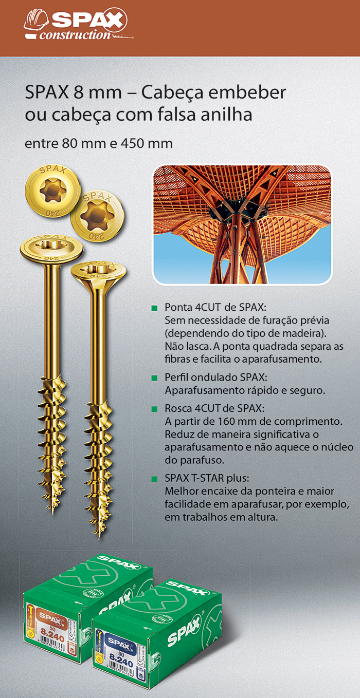 Batista Gomes - SPAX 8 mm - Cabe�a embeber ou com falsa anilha - Entre 80 mm e 450 mm