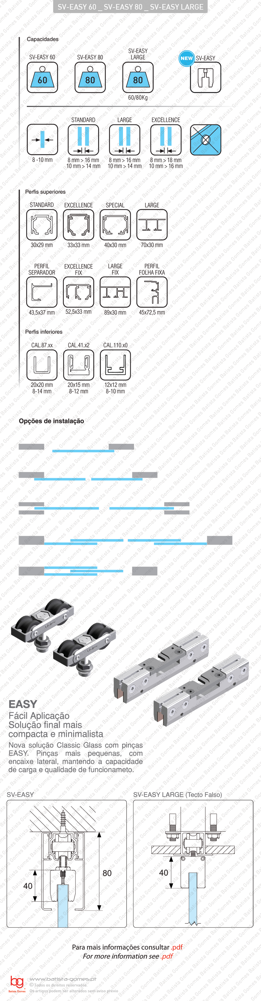 Sistema para divis�es e portas correr passagem em vidro - At� 60 / 80Kg por folha