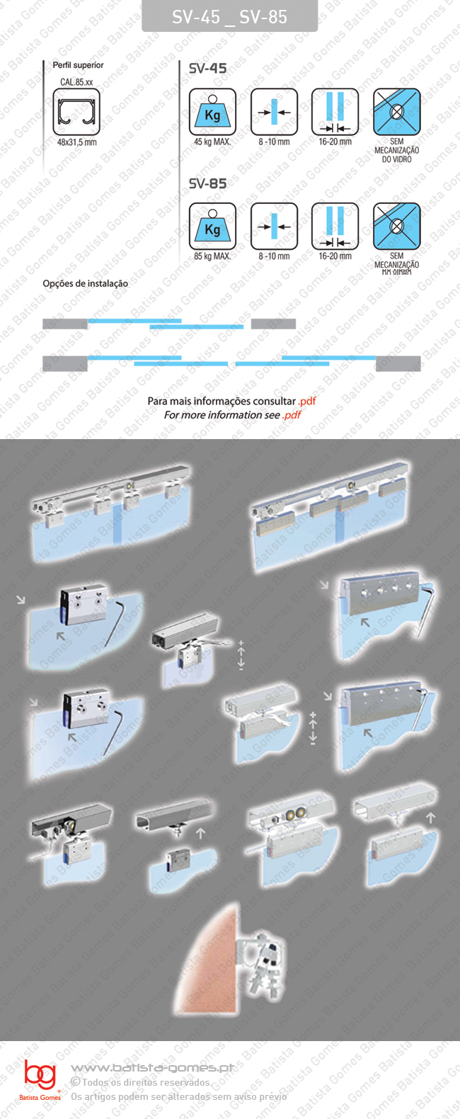 Sistema para divis�es e portas correr passagem ou arm�rios em vidro - At� 45 / 85Kg por folha
